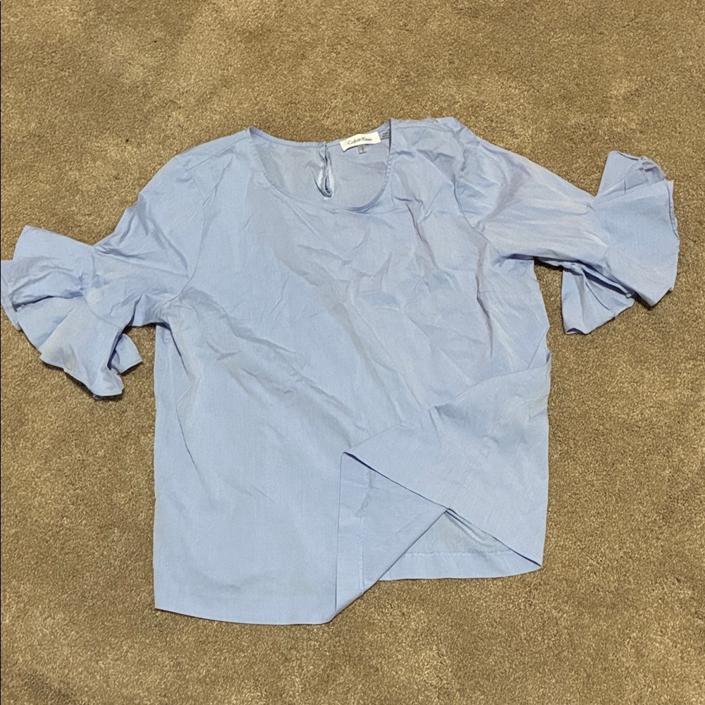 Calvin Klein Blue Ruffle Sleeve Blouse